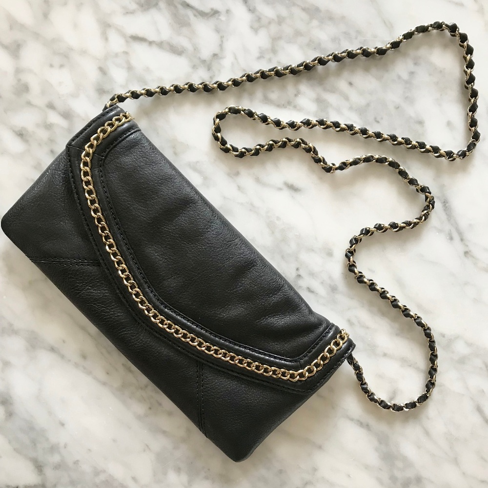 Black Leather Convertible Clutch with Chain Detail